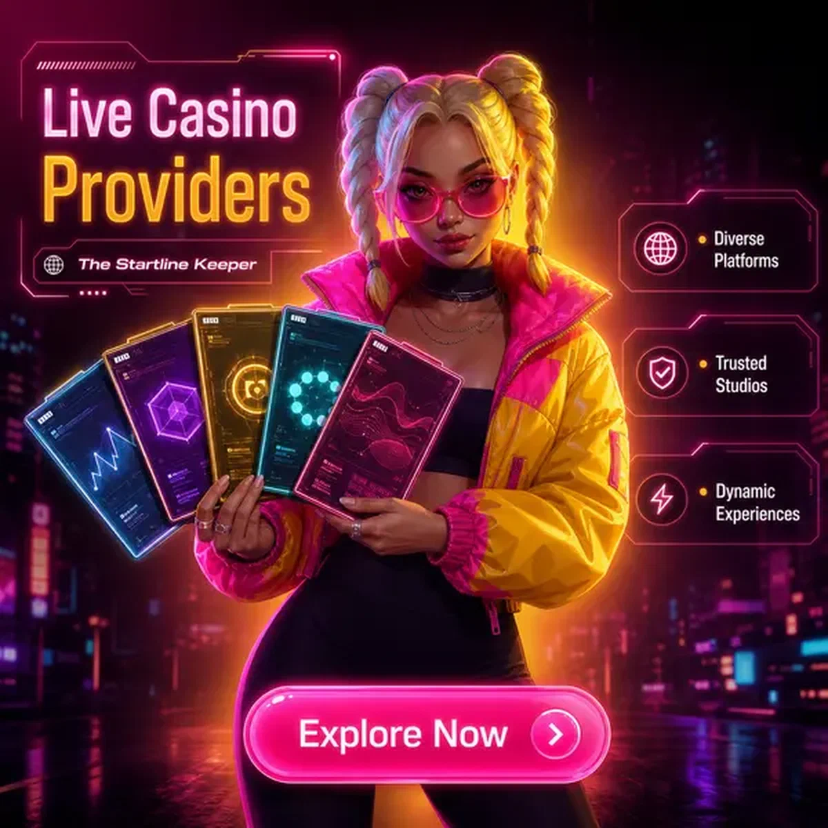 Junge Frau präsentiert selbstbewusst Live-Casino-Provider-Tiles in farbenfrohem Neon-Gaming-Studio