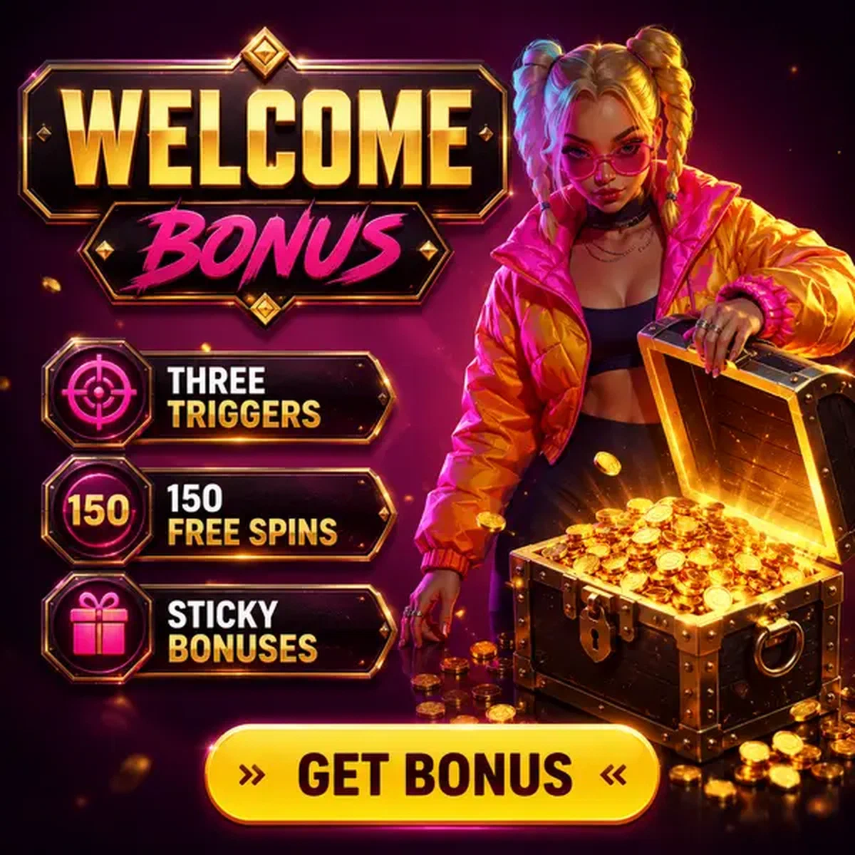 Charakter enthüllt Willkommensbonus-Schatz bei Needforslots mit herausfallenden goldenen Münzen