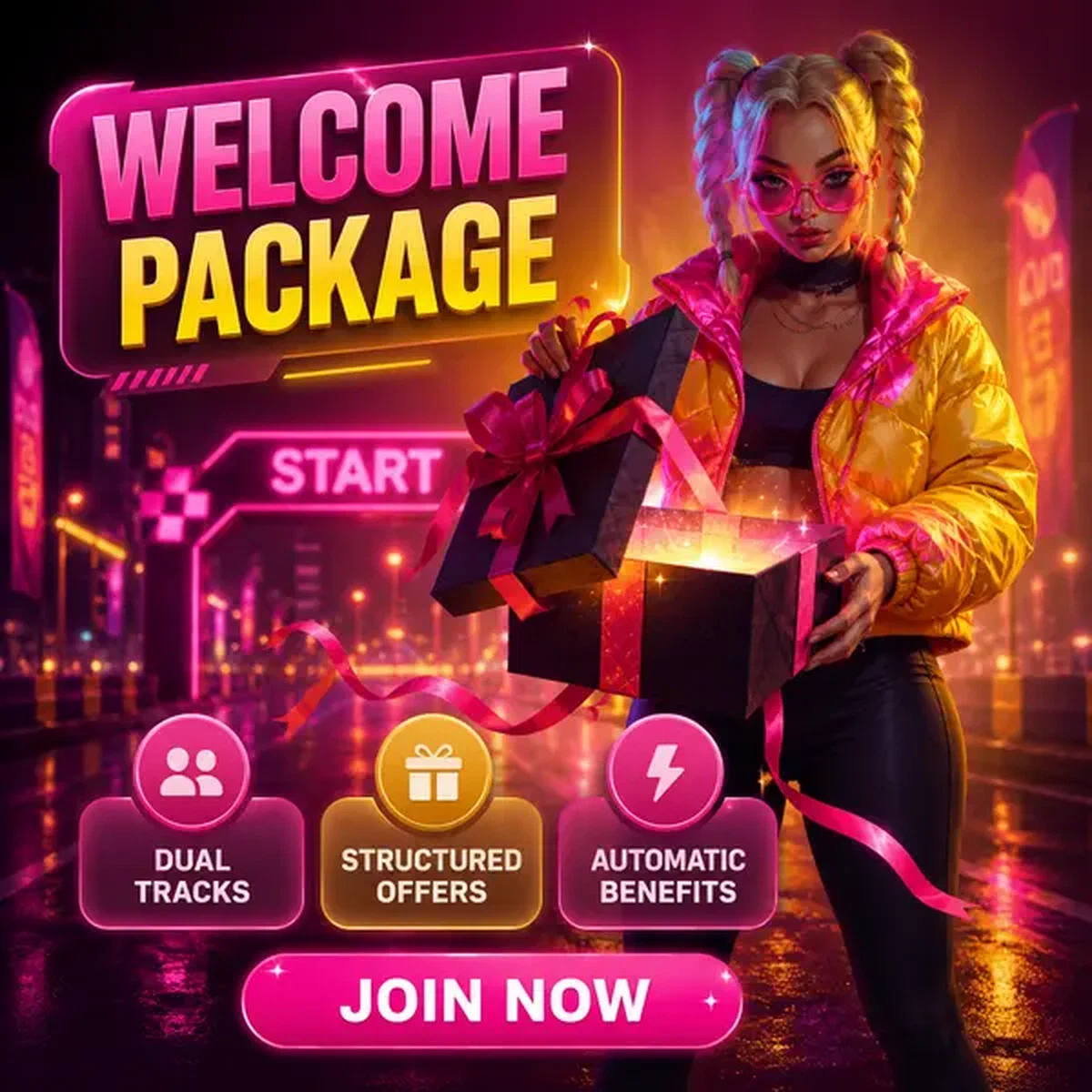 Spieler hält selbstbewusst Willkommenspaket-Struktur und -Mechanik-Geschenkbox am Neon-Registrierungsportal