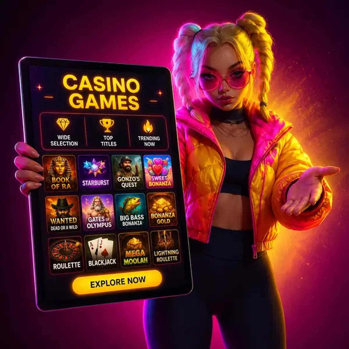 Weiblicher Guide präsentiert Tablet mit Casino-Spielen in der Needforslots Casino Lobby