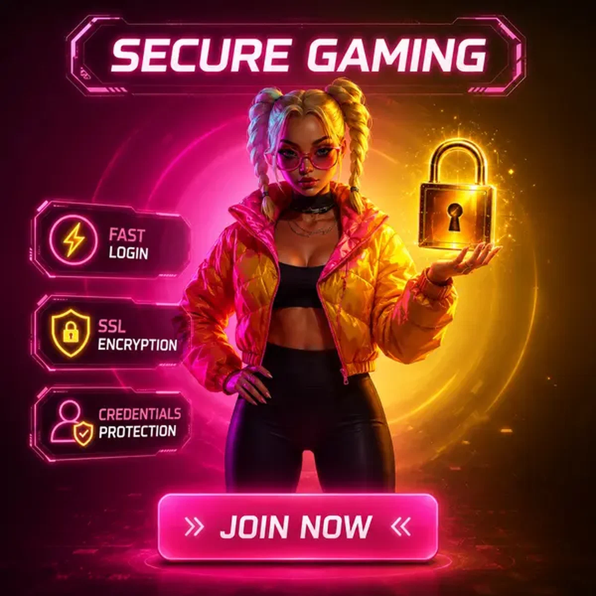 Sicherheitsexperte hält goldenes Vorhängeschloss, während Spieler sich am Needforslots Casino Portal anmelden