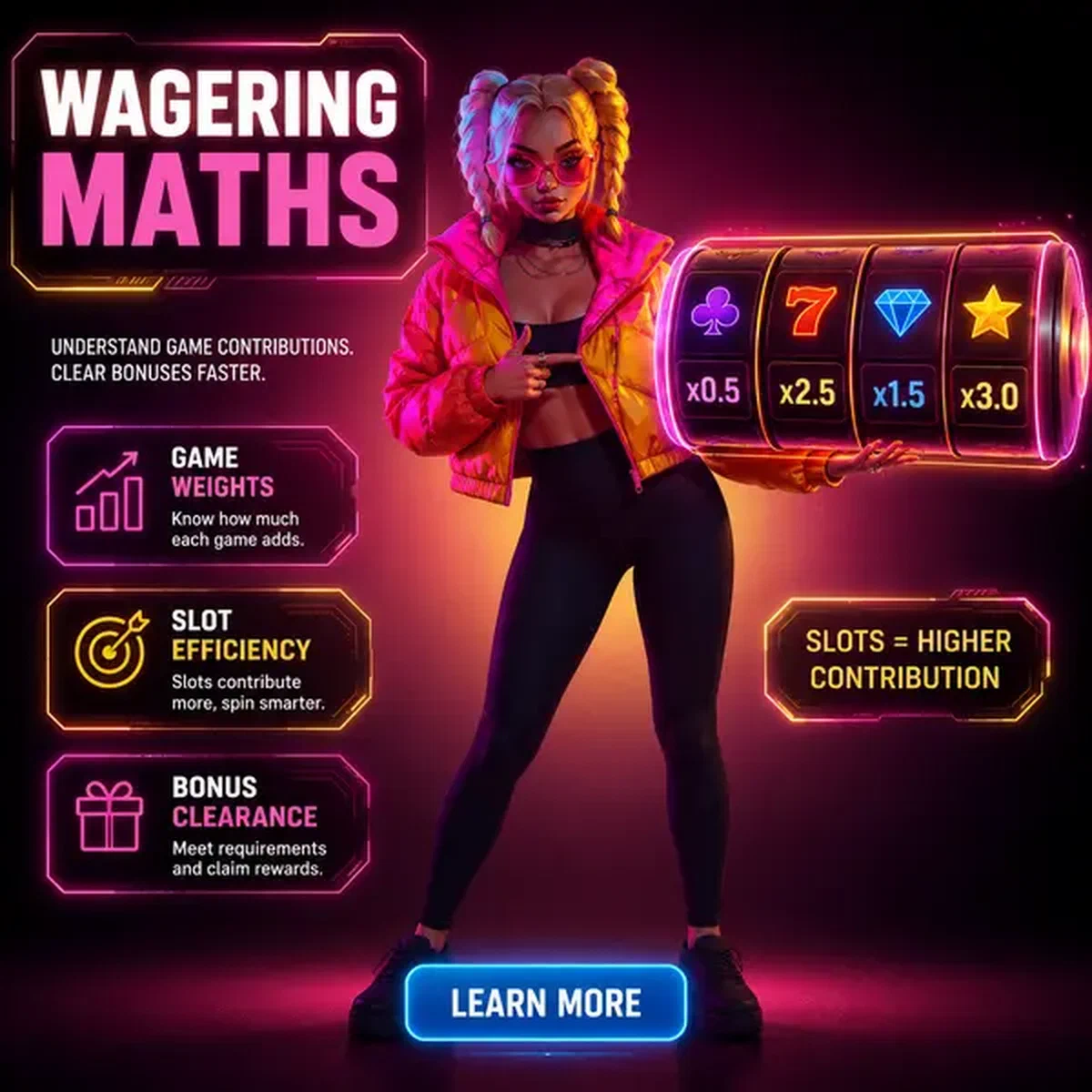 Weibliche Analystin präsentiert selbstbewusst Umsatzmathematik mit beleuchteten Gaming-Walzen im Wagering Math and Game Contributions Casino Bonusbereich
