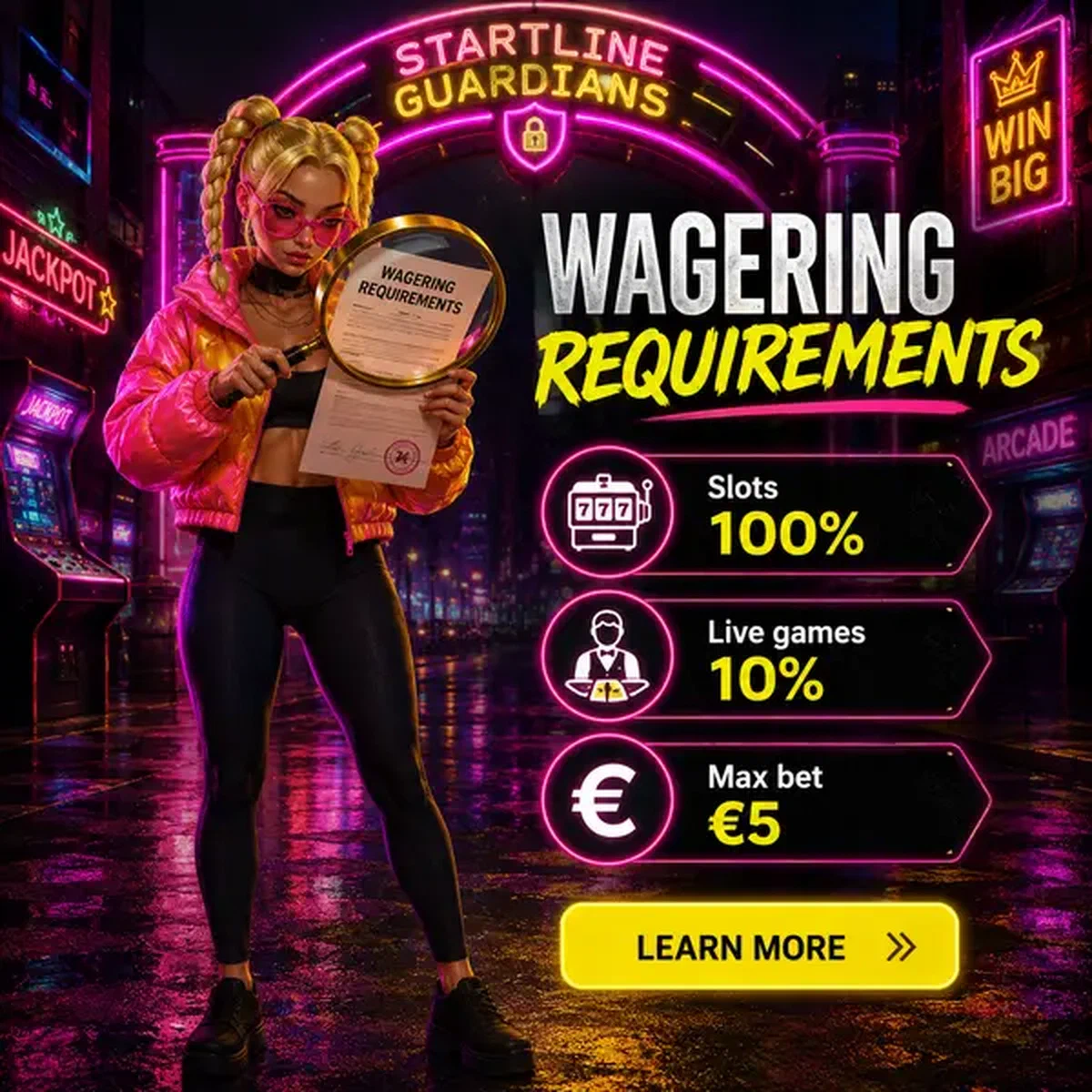 Charakter untersucht Umsatzbedingungen mit Lupe im Needforslots No-Deposit-Bonus-Center