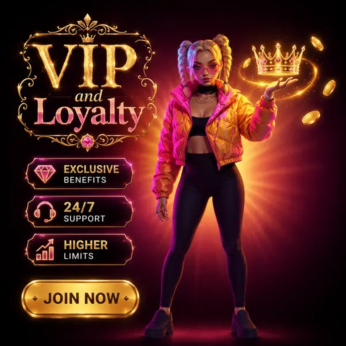 Selbstbewusste Frau hält goldene Krone beim Needforslots Casino VIP-Treueprogramm