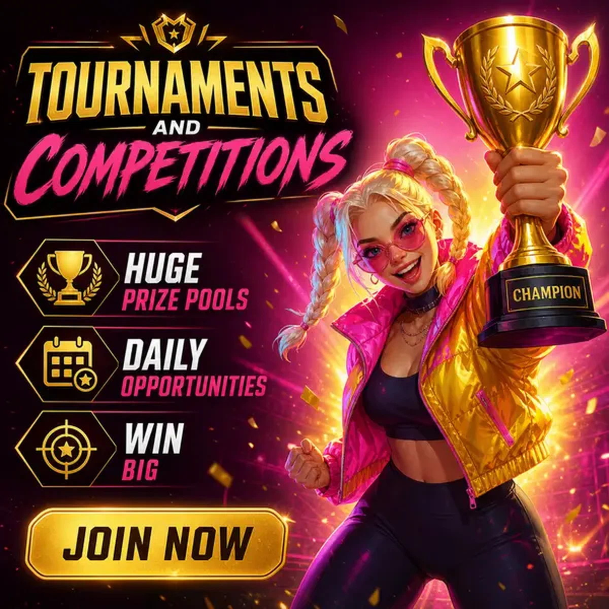 Turnier-Champion präsentiert goldene Trophäe in der Needforslots Wettbewerbs-Arena